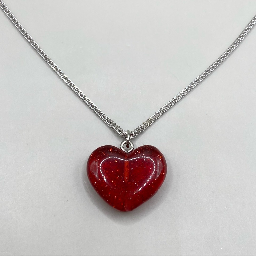 Red Glitter Resin Heart Necklace on Sterling Silver Chain
